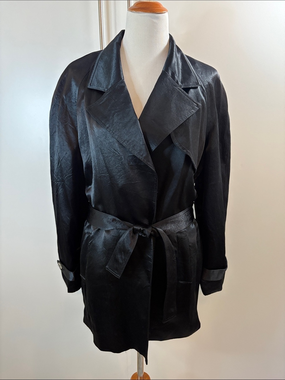 Emil Rutenberg Collection Black Satin Tie-Waist Trench Coat L